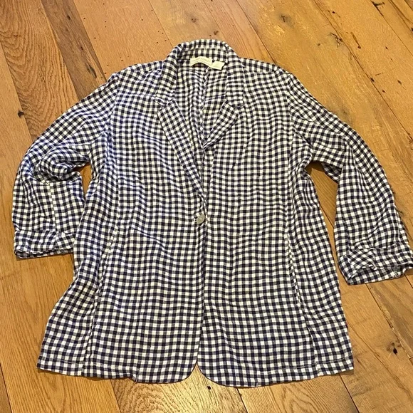 Cynthia Rowley Gingham Linen Jacket Roll
Tab Sleeves Navy White Size LARGE - Picture 1 of 10
